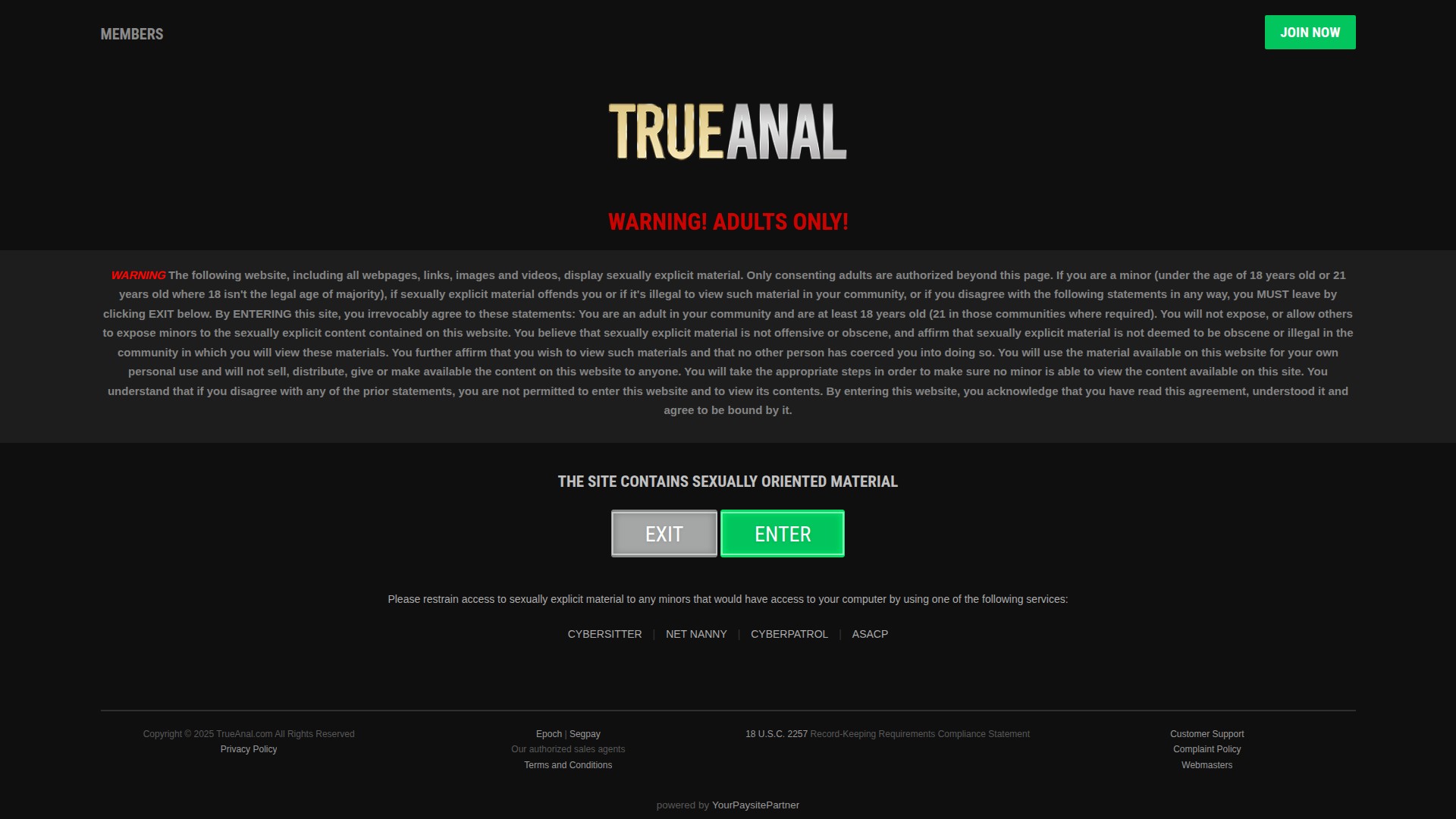 TrueAnal - Homepage Screenshot